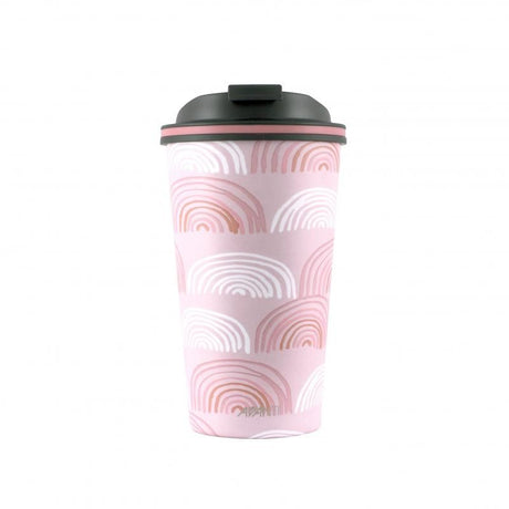 Eco-friendly stainless steel travel mug with vibrant Boho Rainbow design, retains drink temperature for hours.