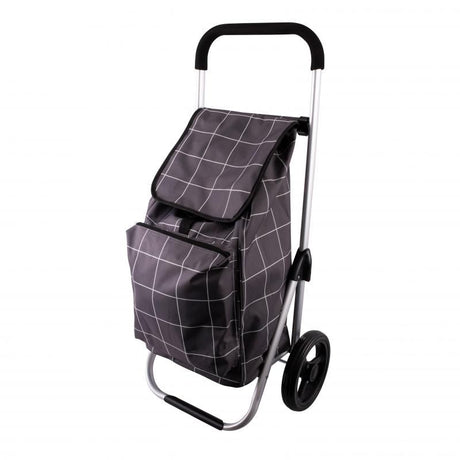 Elegant grey grid shopping trolley with lightweight aluminum frame, large wheels, and ample storage for effortless grocery trips.