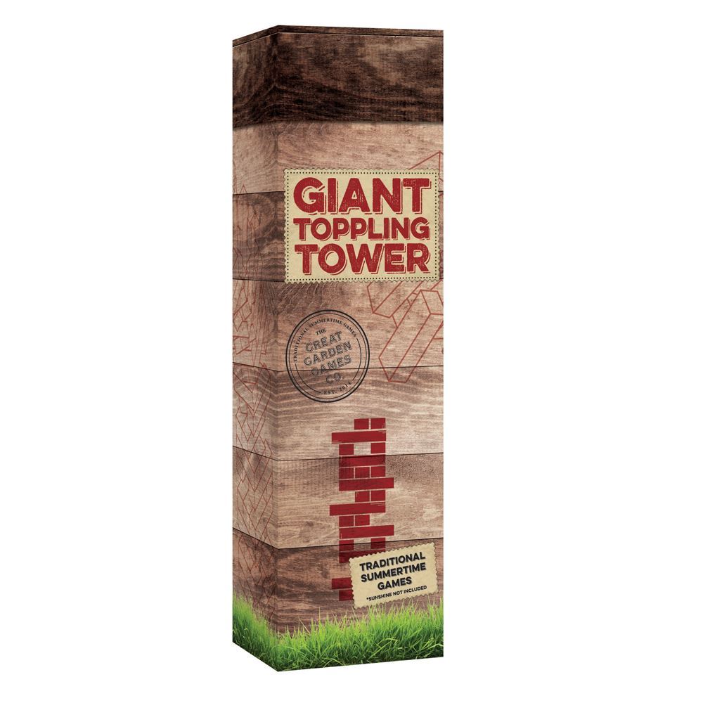 Wooden Toppling Tower game with 58 blocks for family fun, strategic play, and outdoor gatherings, suitable for ages 5 and up.