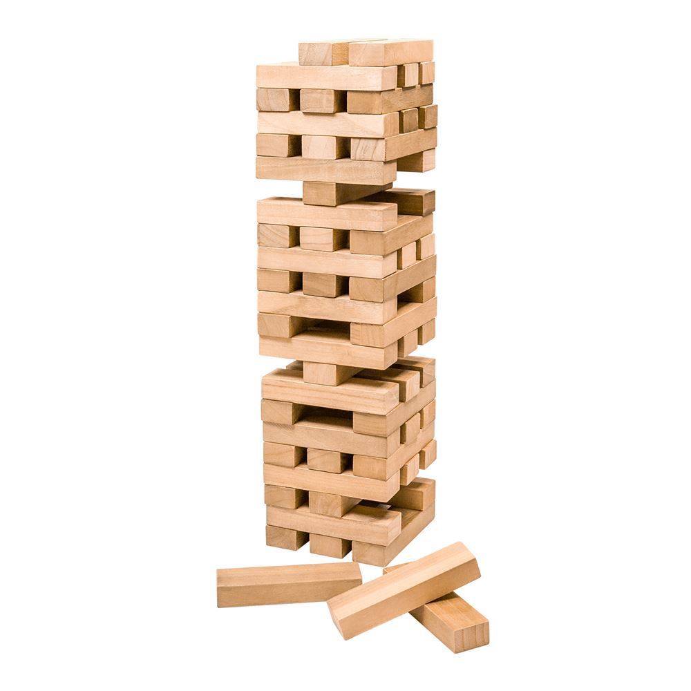 Wooden Toppling Tower game with 58 blocks for strategic play, perfect for family gatherings and outdoor fun for ages 5 and up.