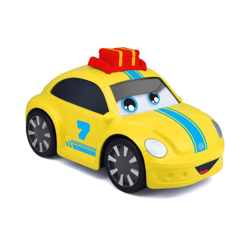 Bright yellow Volkswagen Funny Beetle toy for toddlers, features moving eyes, funny sounds, and promotes fine motor skills.