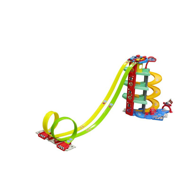 Vibrant BB Junior Mega Race Track Set with licensed Ferrari and Jeep cars, designed for imaginative play for ages 1 and up.