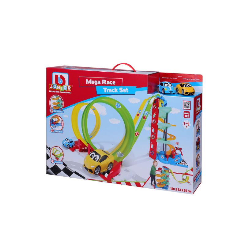 BB Junior Mega Race Track Set with iconic Ferrari and Jeep cars, designed for imaginative play and skill development for ages 1+.