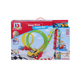 Colorful BB Junior Mega Race Track Set with licensed Ferrari and Jeep vehicles, designed for imaginative play for kids 1 year and up.