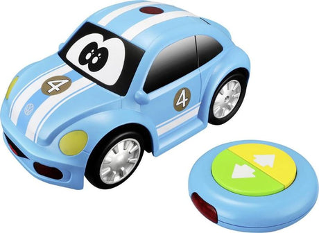 BB Junior Volkswagen Easy Play RC Car in blue with stripes, designed for toddlers with bump-proof technology and obstacle detection.