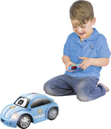 BB Junior Volkswagen Easy Play RC Car in blue with stripes, designed for toddlers with bump-proof tech and obstacle detection.