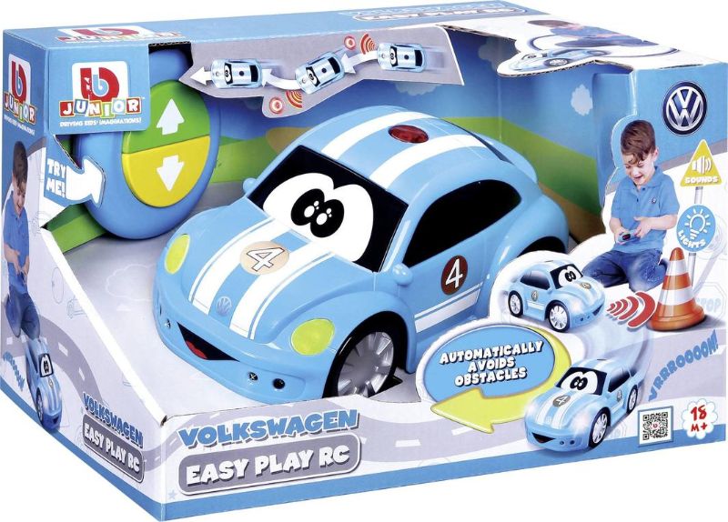 BB Junior Volkswagen Easy Play RC Car in blue with stripes, designed for toddlers with bump-proof technology and obstacle detection.