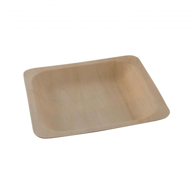 Set of 10 biodegradable square plates, 14 x 14cm, made from natural poplar wood for eco-friendly serving at events.