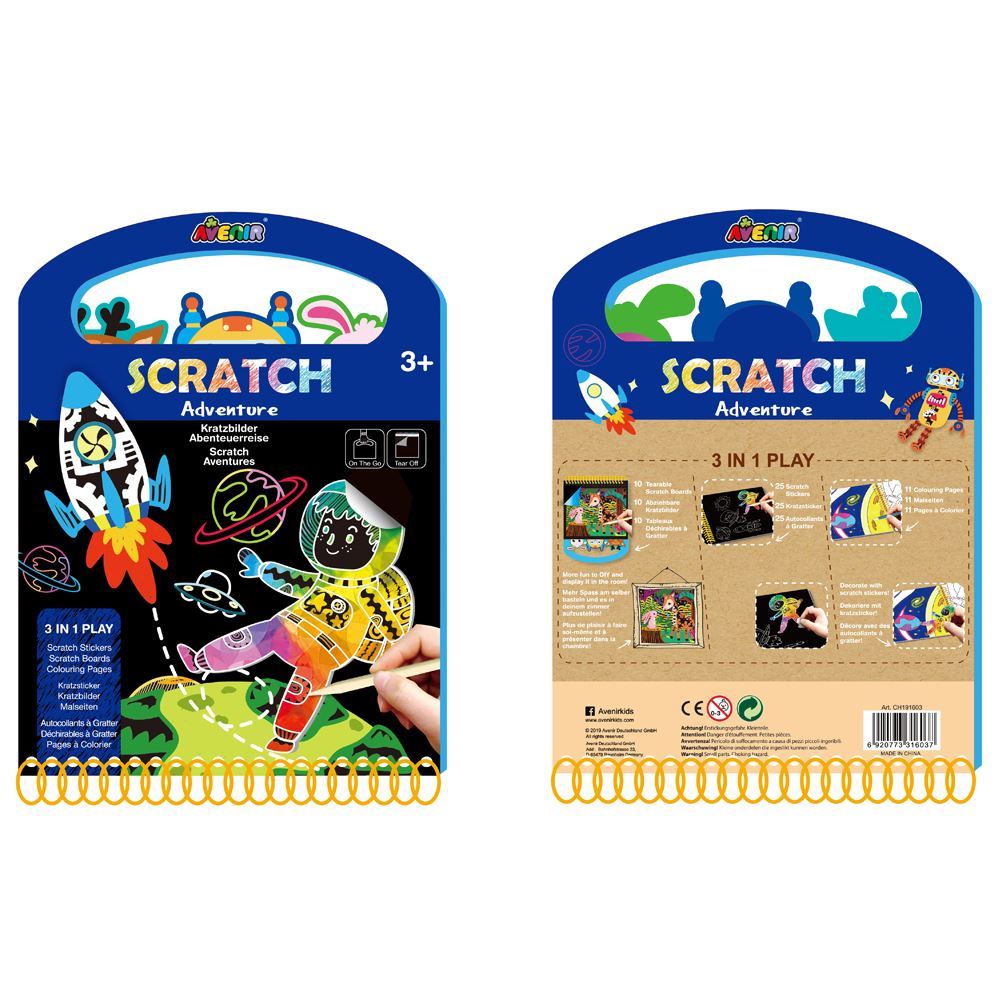 Avenir Scratch Book Adventure kit with vibrant stickers, scratch boards, and coloring pages for creative fun on-the-go.