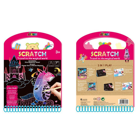 Avenir Scratch Book Travel: compact creativity kit for kids with scratch stickers, boards, and coloring pages, perfect for travel.