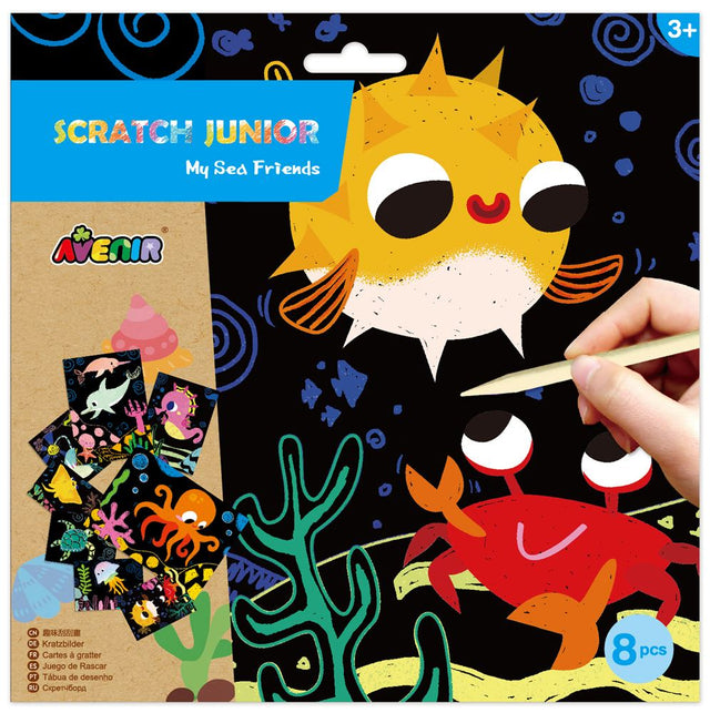 Avenir Scratch Art Kit featuring vibrant sea creatures for kids to creatively explore and enhance their fine motor skills.