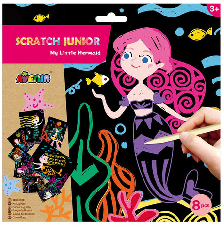 Colorful Avenir Scratch Art Kit featuring 8 My Little Mermaid designs for kids, enhancing creativity and fine motor skills.