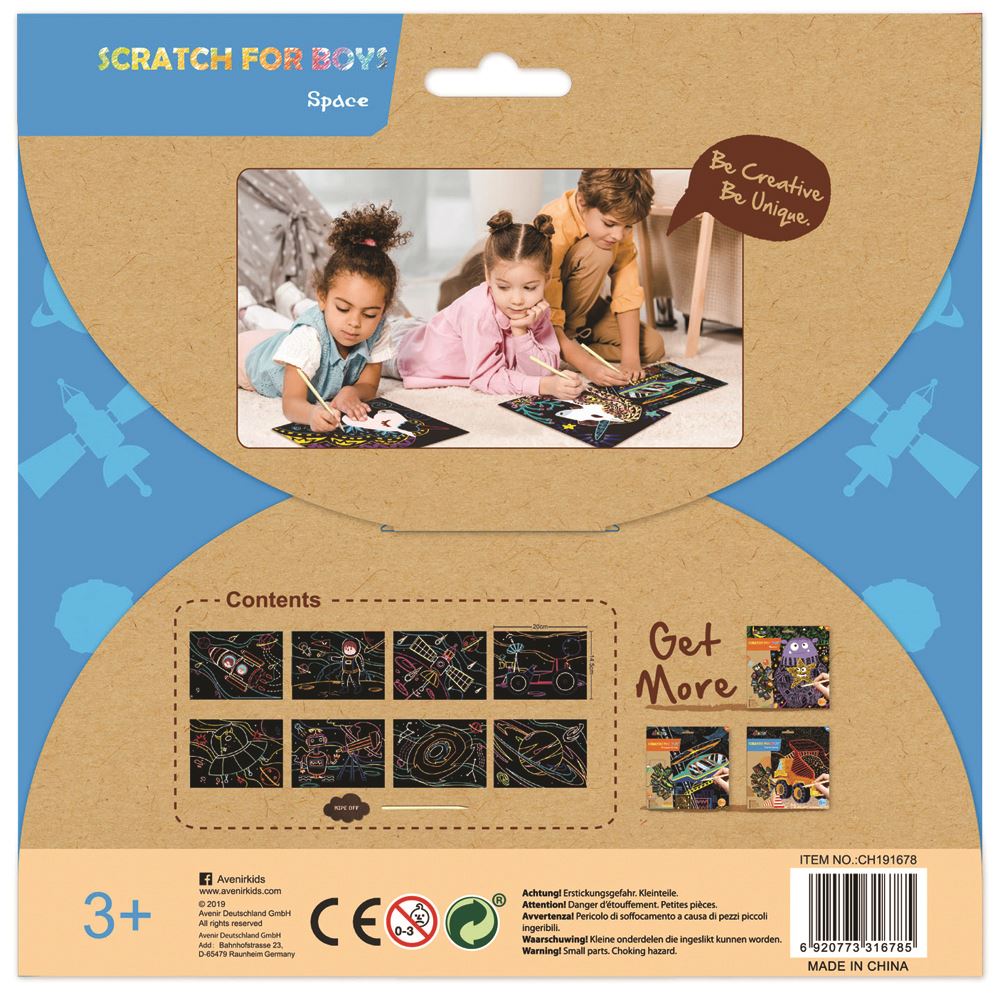 Colorful Avenir Scratch Art Kit featuring 8 sheets for creative kids to reveal rainbow designs with a wooden pen.