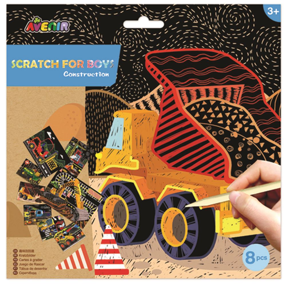 Colorful scratch art kit for kids featuring 8 sheets and a wooden pen, ideal for creative play and skill development.