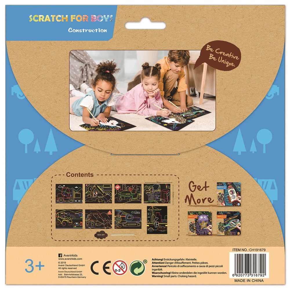 Avenir Scratch Art Kit features 8 vibrant scratch art sheets for kids to unleash their creativity and improve fine motor skills.