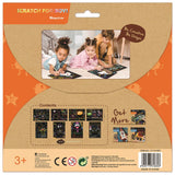 Colorful monster-themed Scratch Art Kit for kids, featuring 8 sheets and a wooden stylus for creative designs.