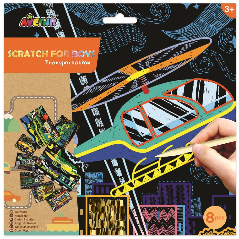 Colorful Avenir Scratch Art Kit featuring 8 transportation-themed sheets for creative fun, includes wooden scratching pen.