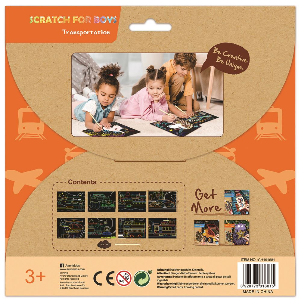 Colorful Avenir Scratch Art Kit featuring 8 transportation-themed sheets for creative fun and fine motor skill development.