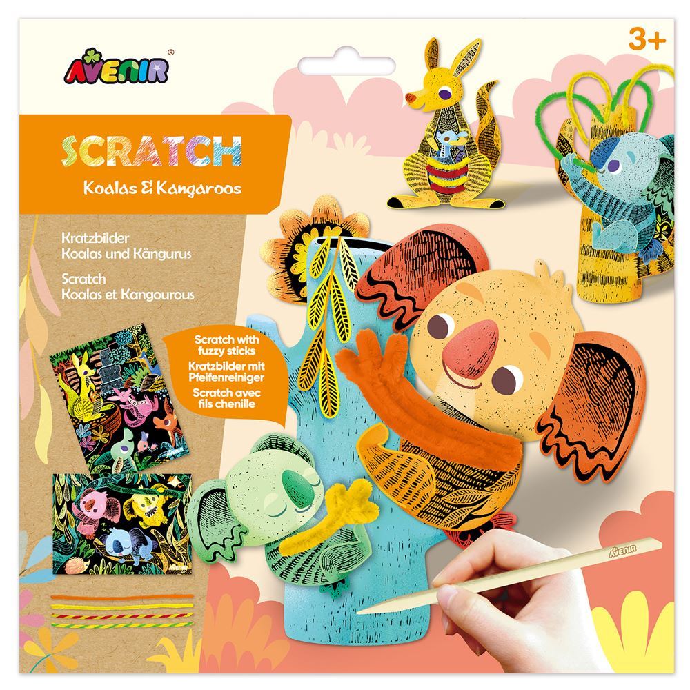 Colorful koala scratch art kit for kids, featuring fuzzy sticks for texture and creativity, safe for ages 3 and up.