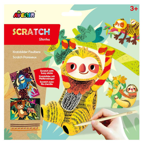 A cheerful craft kit featuring sloth designs for children to scratch and reveal colors, complete with fuzzy stick textures.