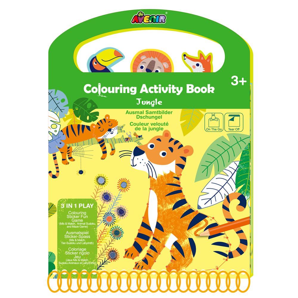 Vibrant jungle-themed 3 IN 1 playbook for kids, featuring coloring, stickers, and interactive games for creative fun.