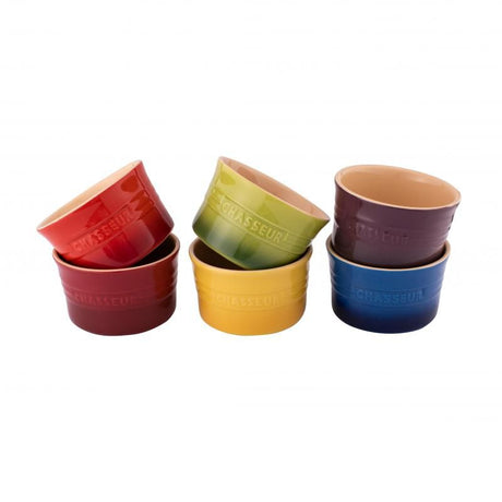 Colorful 6-piece Chasseur Macaron Vivid Ramekin Set in Bordeaux, Red, Yellow, Apple, Blue, and Plum; versatile stoneware cookware.