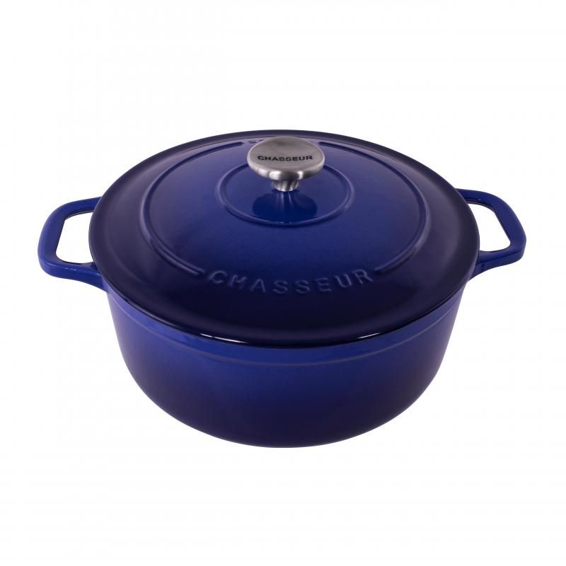 Chasseur Azure Round Oven (28cm/6.1L) in vibrant blue, ideal for slow cooking, roasting, and easy cleaning.