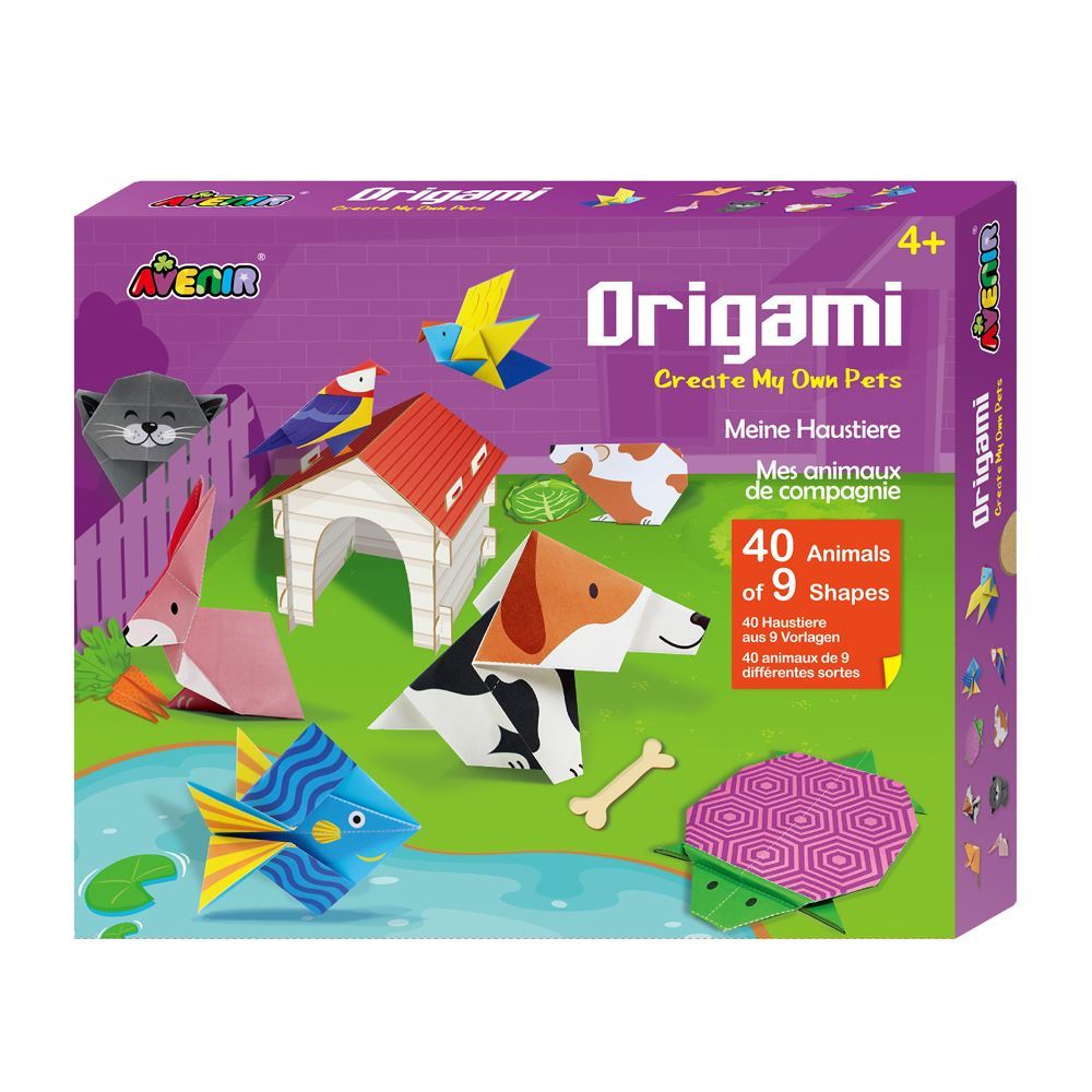 Avenir Origami Kit featuring 40 colorful sheets, cardboard pieces, and a themed mat for creative pet crafting fun.