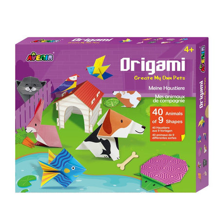 Avenir Origami Kit featuring 40 colorful sheets, cardboard pieces, and a themed mat for creative pet crafting fun.