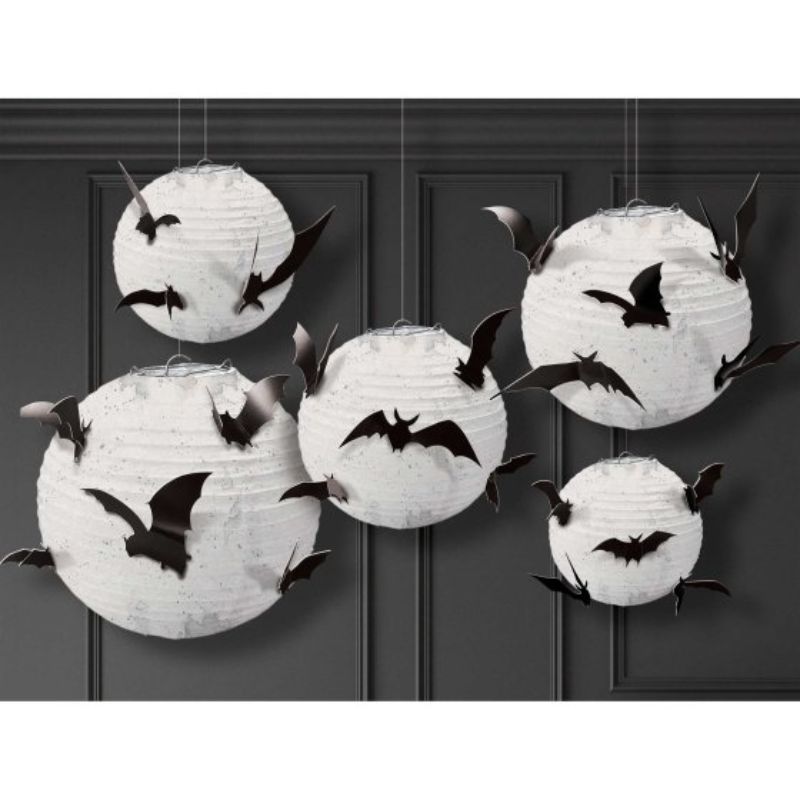 Classic black and white Halloween paper lanterns with bat add-ons, perfect for spooky decor (set of 5).