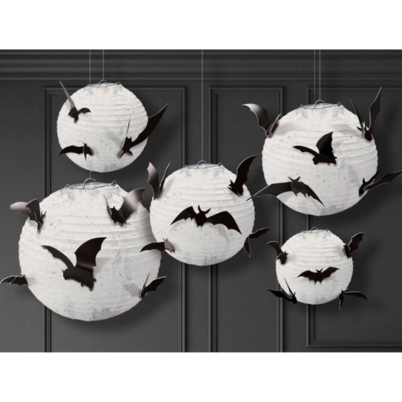 Halloween Classic Black & White Paper Lanterns with Bat Add Ons (Set of 5)
