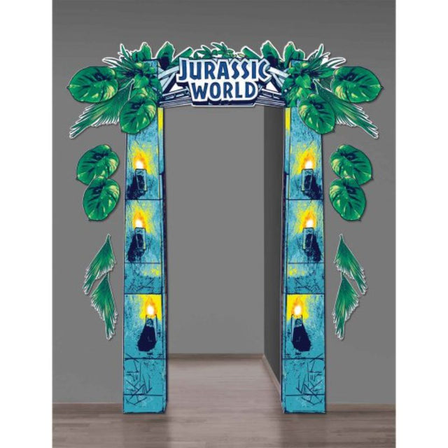 Vibrant cardboard doorway decoration featuring dinosaurs and foliage, perfect for dinosaur-themed parties.