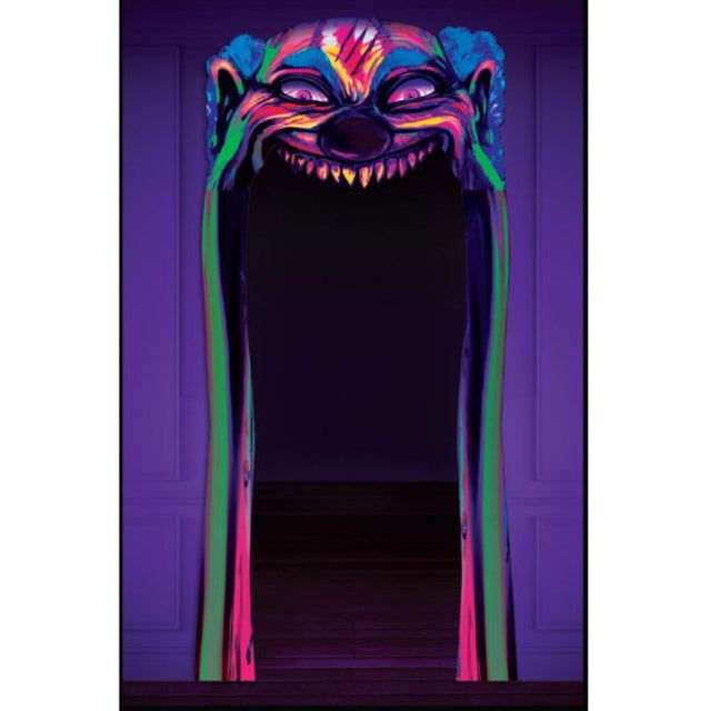 Creepy Carnival doorway decoration, black light reactive, 107cm x 221cm, perfect for Halloween events, adds a spooky ambiance.