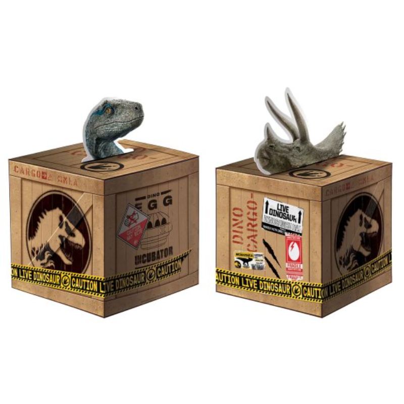 Jurassic dinosaur-themed centerpiece kit, featuring two vibrant cardboard dinosaur heads for fun party decor.