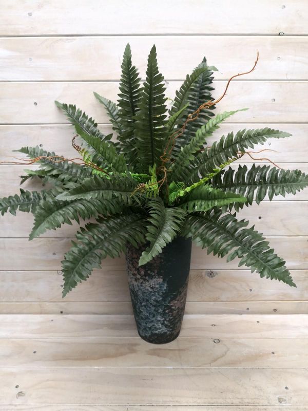 Lush green artificial Boston fern bush, 45cm tall and 50cm wide, perfect for adding natural beauty to any indoor space.