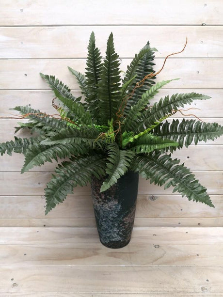 Lush green artificial Boston fern bush, 45cm tall and 50cm wide, perfect for adding natural beauty to any indoor space.