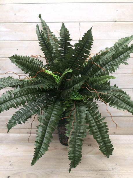Lush green Artificial Fern Bush - Large Boston, measuring 53cm tall and 74cm wide, ideal for home or event decor.