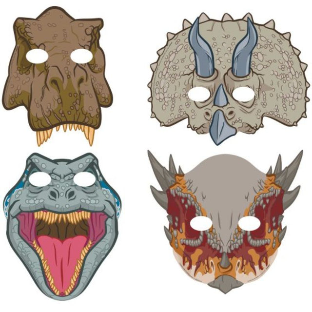 Set of 8 vibrant dinosaur paper masks, featuring elastic bands for comfort, perfect for kids' parties and themed events.