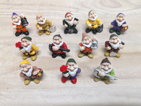 Whimsical set of 12 mini dwarf ornaments, 4.5cm each, perfect for home decor, fairy gardens, and festive celebrations.