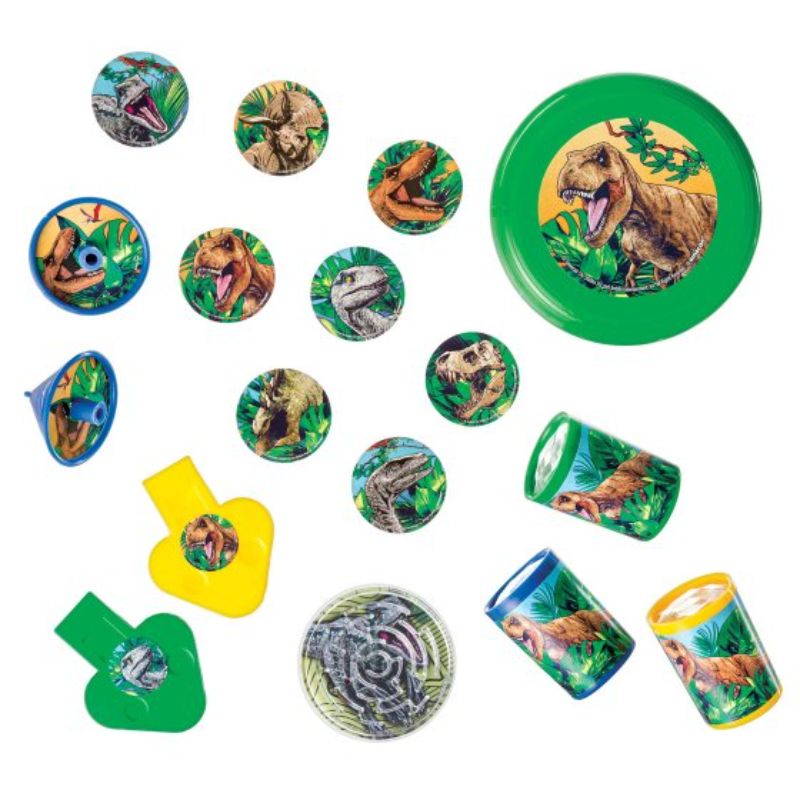 Dinosaur-themed party favor pack with mini tops, flying discs, stickers, and puzzles, ideal for kids' parties.