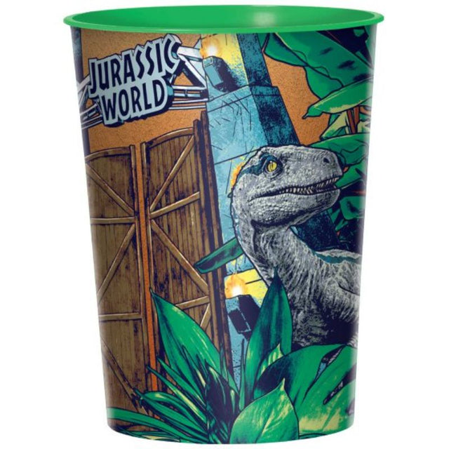 Vibrant 473ml plastic cup with whimsical dinosaur graphics, perfect for kids' dinosaur-themed parties and celebrations.