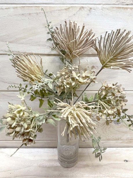 Lifelike brown dusty protea flower bush, ideal for elegant home decor or event displays, requiring no maintenance.