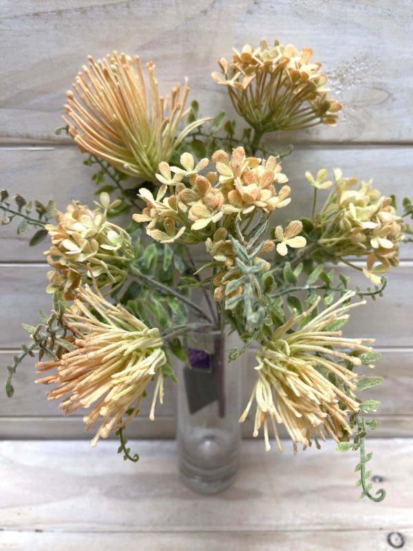 Vibrant yellow artificial Dusty Protea flower bush, perfect for elegant home decor and beautiful arrangements.