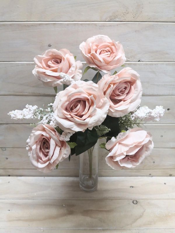 Lifelike large blush pink artificial rose bush, perfect for home decor and special occasions, requiring no maintenance.