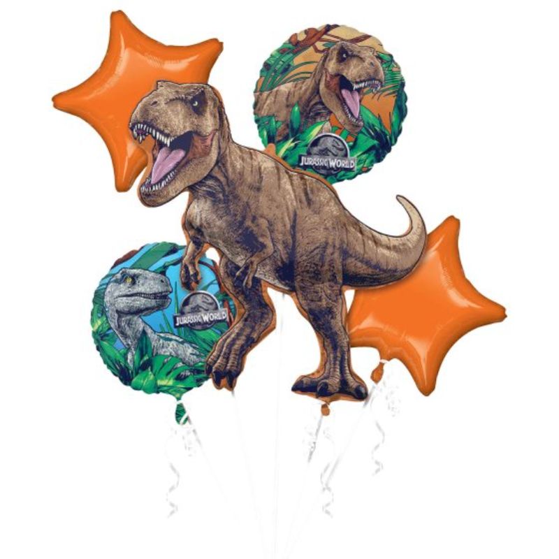 Vibrant set of 5 Jurassic World balloons, featuring 1 dinosaur shape and 4 standard balloons for themed celebrations.