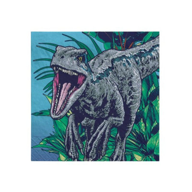 Vibrant dinosaur-themed beverage napkins in a set of 16, perfect for fun-filled Jurassic parties and events.