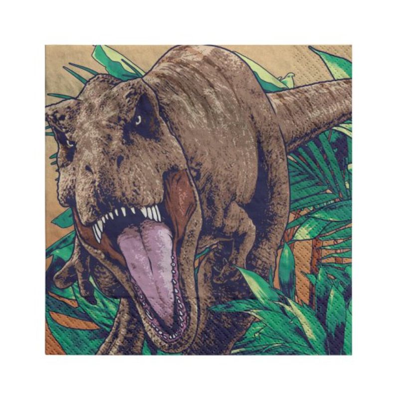 Colorful Jurassic-themed lunch napkins featuring vibrant dinosaur illustrations, perfect for parties and picnics. Set of 16.