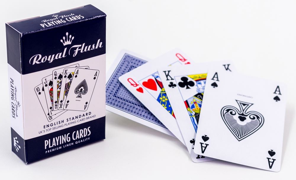 Premium Royal Flush Playing Cards in assorted colors, ideal for all card games, securely sealed for quality and freshness.