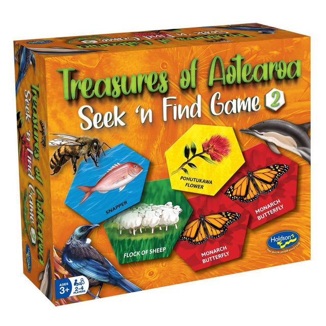 Colorful card game 'Treasures of Aotearoa Seek & Find #2' for kids, featuring Kiwi-themed cards across four captivating themes.