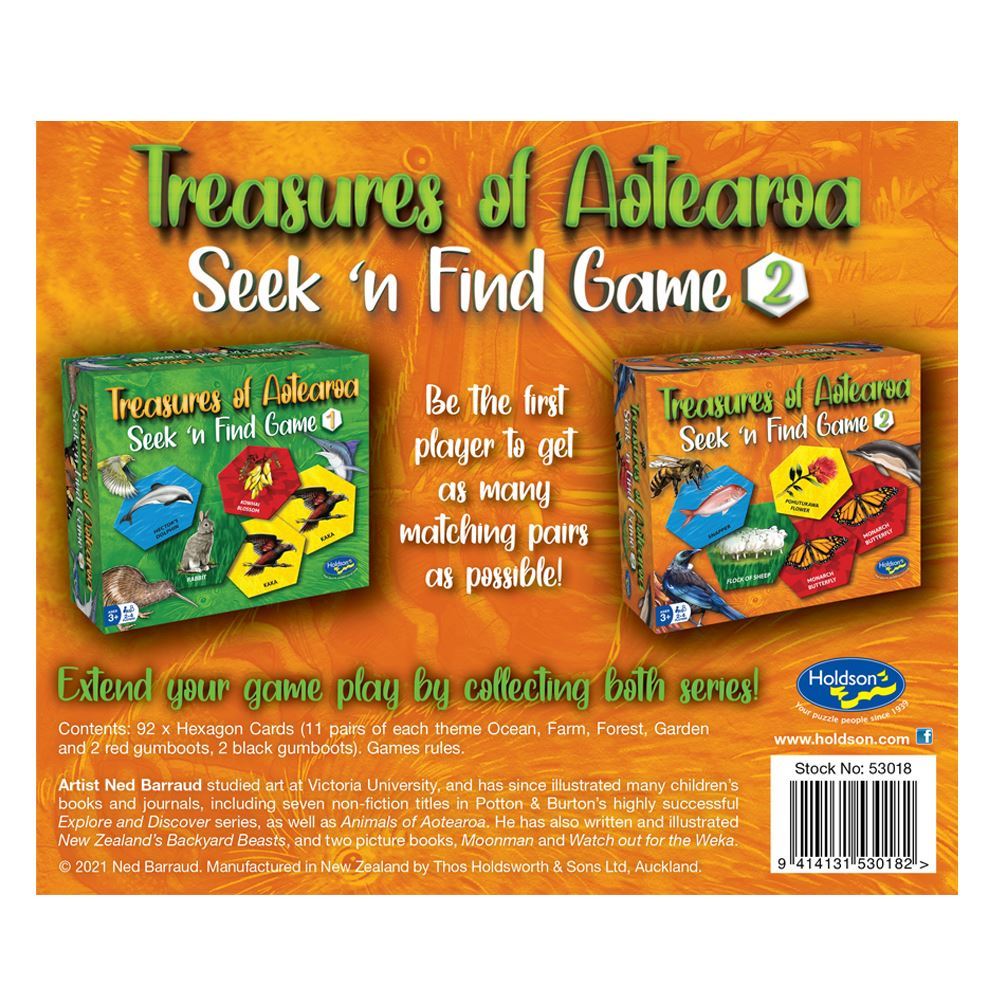 Colorful 'Treasures of Aotearoa Seek & Find #2' matching card game for kids, featuring NZ themes of Garden, Ocean, Forest, and Farm.